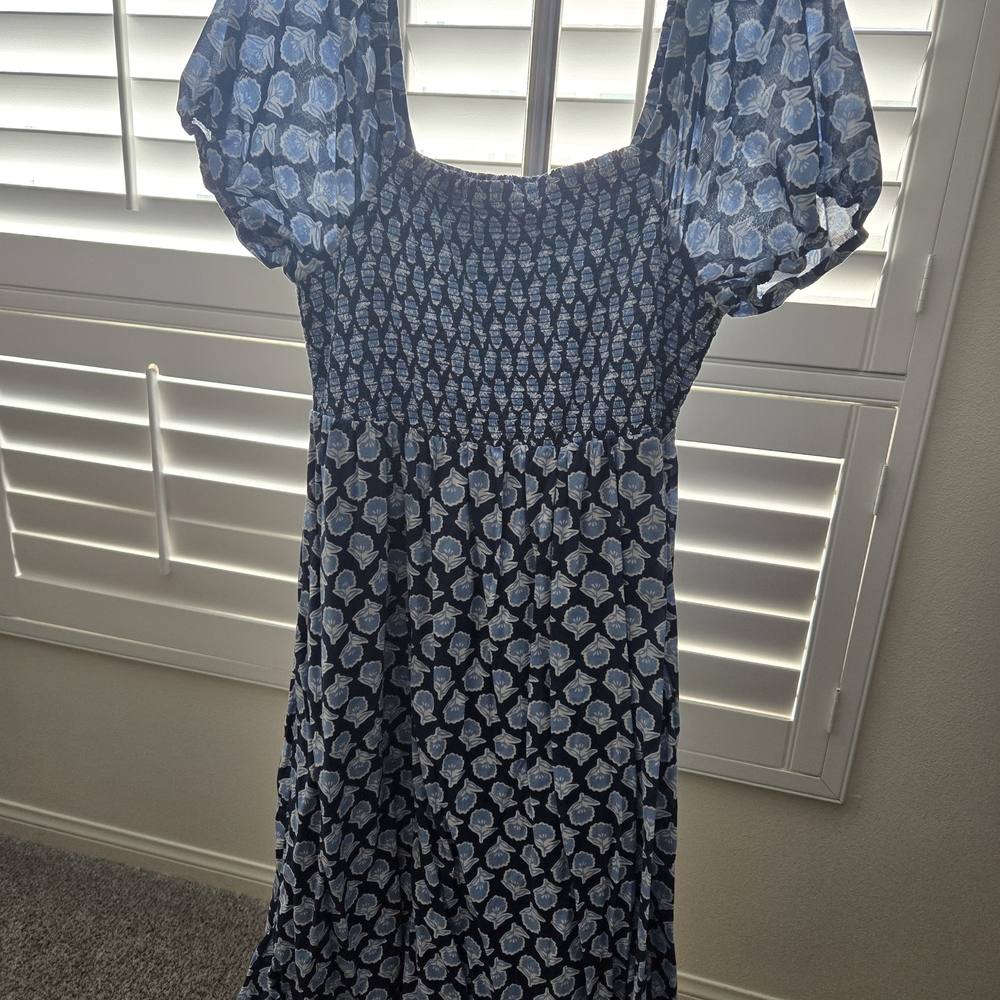 J. Crew Blue and White Patterned Midi Dress